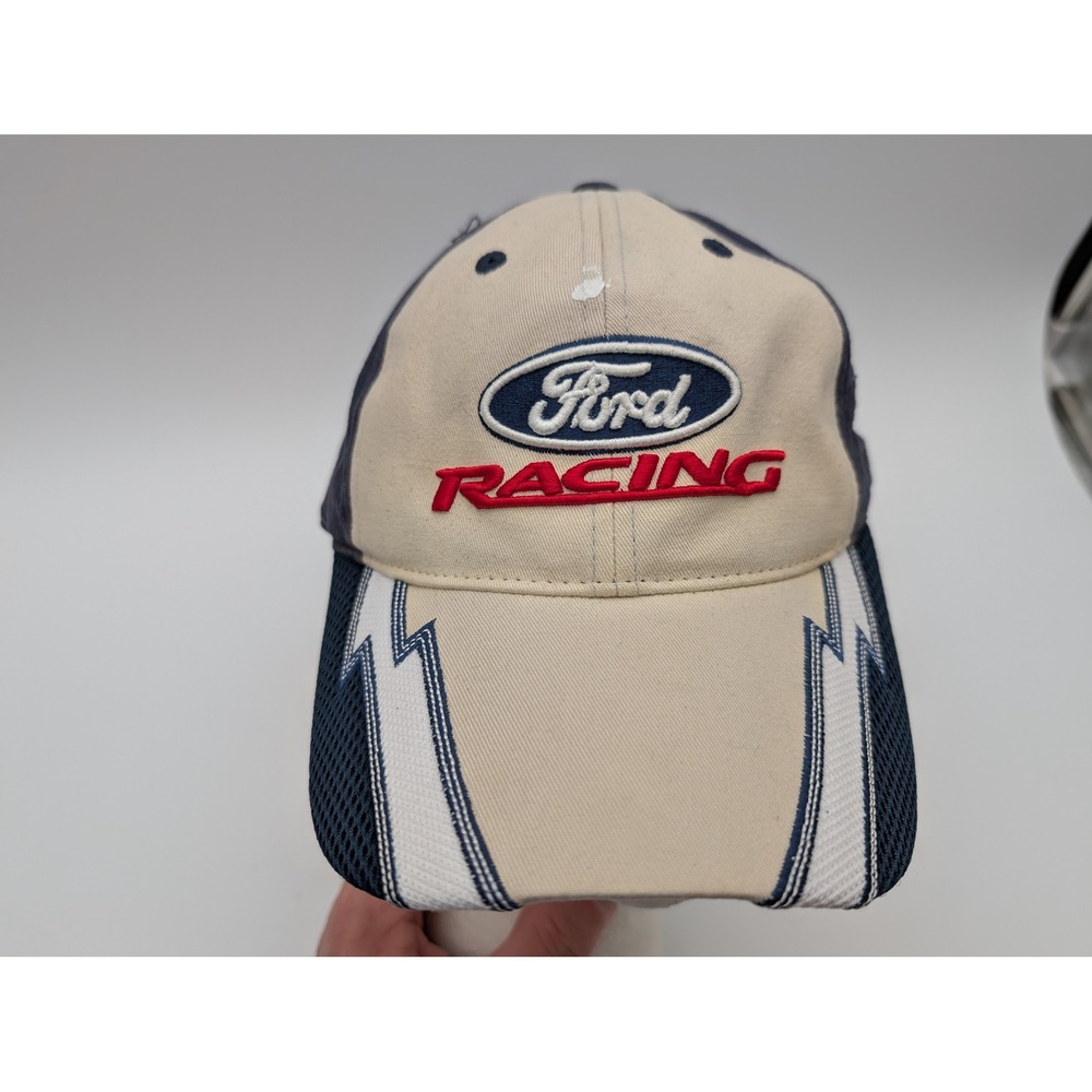 Ford Racing NASCAR Hat Checkered Flag Sports Navy Tan Adjustable Strap Cap